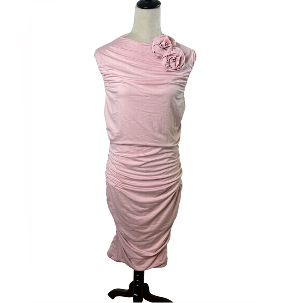 S by Serena Ruched Pink Midi Dress Bodycon Rosettes SZ L NWT